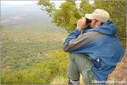 For hand-held use, the author prefers 7x, like these Zeiss ClassiC being used to glass for greater kudu in South Africa.