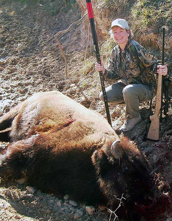 Eileen Clarke killed this bison with a single 130-grain bullet from a .270 Winchester—not with a head shot, but typical behind-the-shoulder placement. It went about the same distance as a typical lung-shot deer before keeling over. 